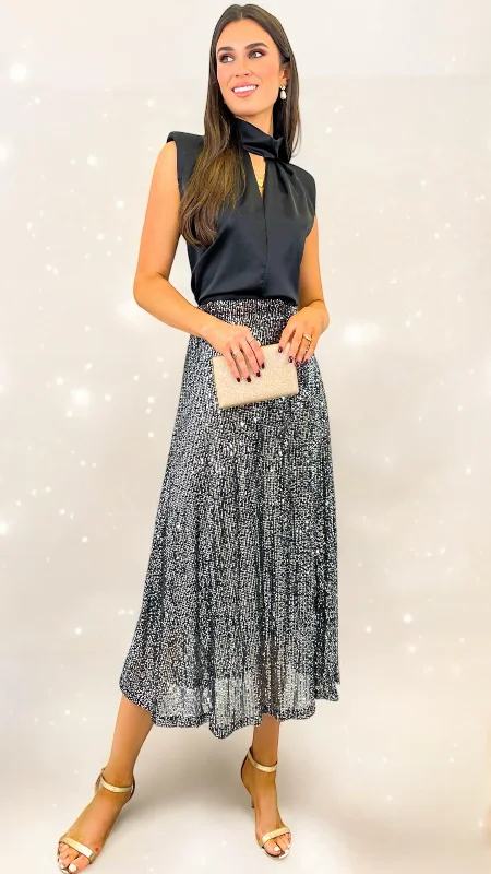 white midi dresses for events -A2041 Black/Silver Sequin Midi Skirt