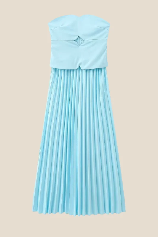 midi dresses with floral lace -Strapless Light Blue Pleated Midi Dress