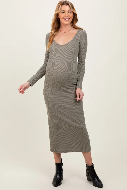 black midi dresses for summer -Olive Scoop Neck Long Sleeve Maternity Midi Dress