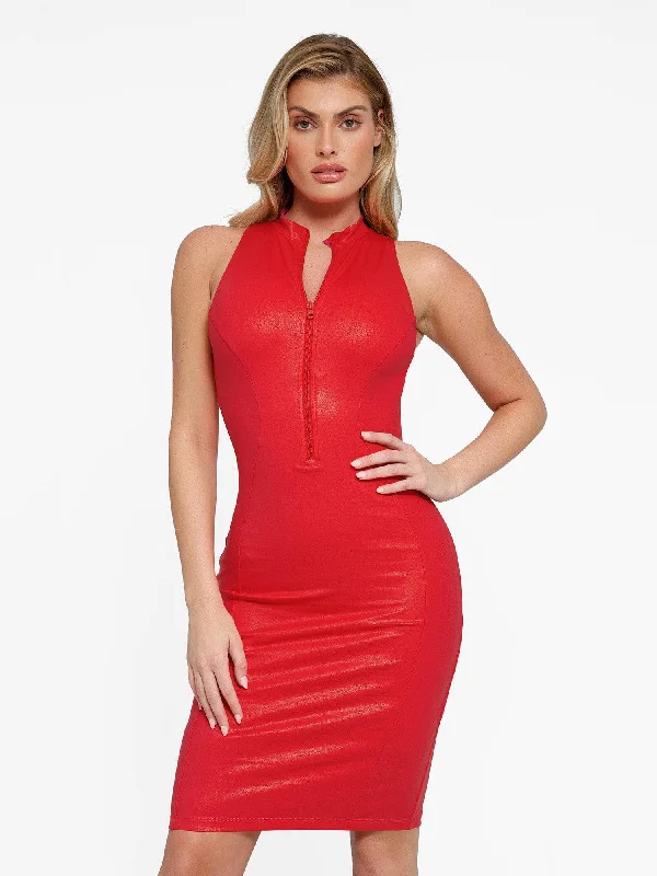 elegant midi dresses for spring -Shapewear Sculpting Faux Leather Zip Front Midi Dress