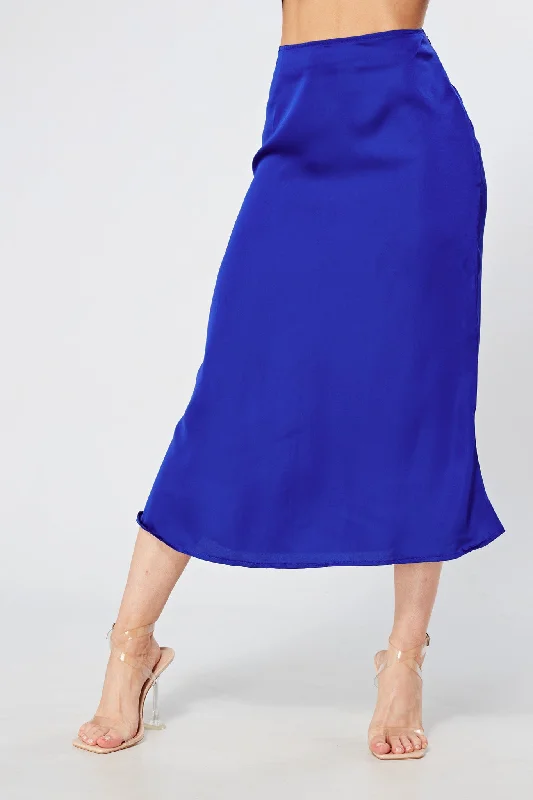 midi dresses with unique prints -Elisa Cobalt Blue Satin Midi Skirt