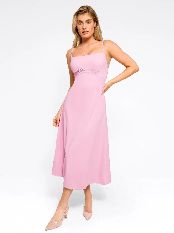 chic midi dresses for dinner -Shapewear Built-In Sculpting A-Line Midi Slip Dress