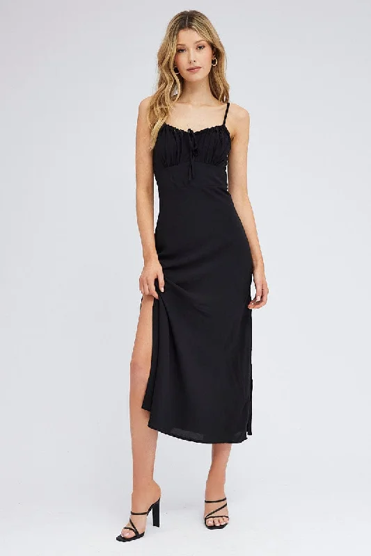 cute midi dresses for summer -Black Midi Dress Gathering Bust Sleeveless