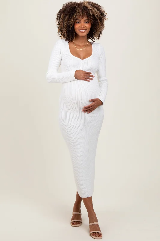 boho midi dresses for women -White Henley Ribbed Maternity Midi Sweater Dress