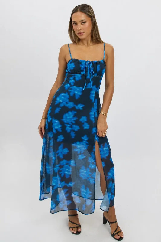 boho midi dresses for women -Blue Abstract Midi Dress Gathered Bust