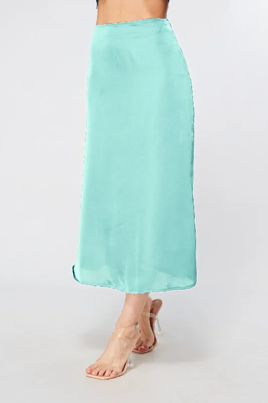 trendy midi dresses for summer -Elisa Aqua Satin Midi Skirt