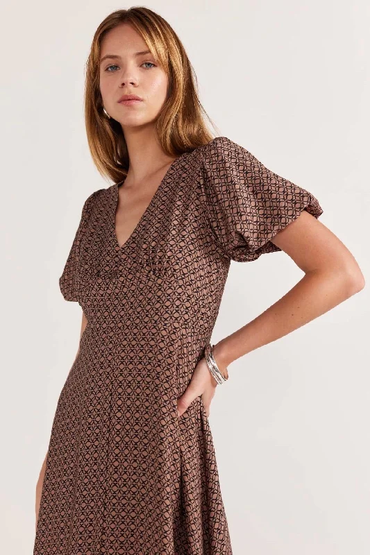 sequin midi dresses for nightlife -Memoir Brown Geometric Print Puff Sleeve Midi Dress