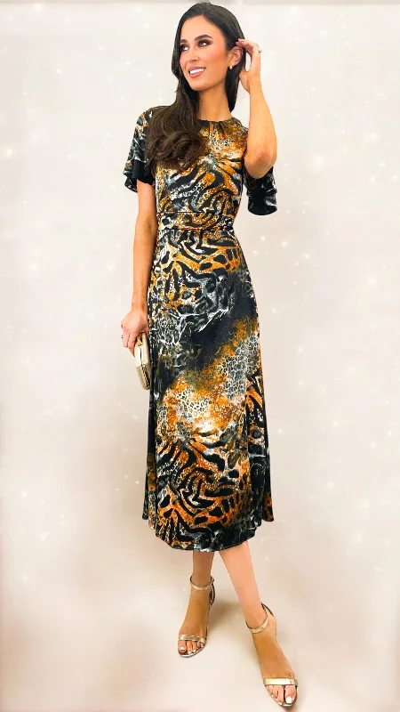 black midi dresses for date -A2050 Tiger Print Midi Dress