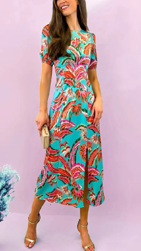 chic midi dresses for club -4-A1698 Becca Turquoise Print Midi Dress