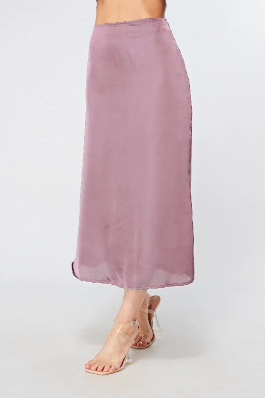 black midi dresses for date -Elisa Lilac Satin Midi Skirt