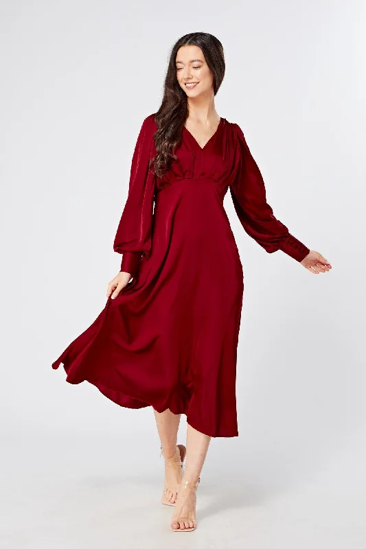 white midi dresses for nightlife -Nora Deep Red Satin Midi Dress