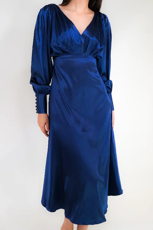 elegant midi dresses for club -Celeste Dark Blue Premium Satin Midi Dress