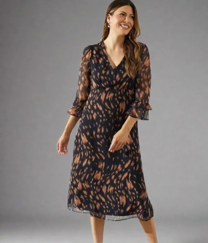 casual midi dresses for date -Navy Swirl Print Midi Dress