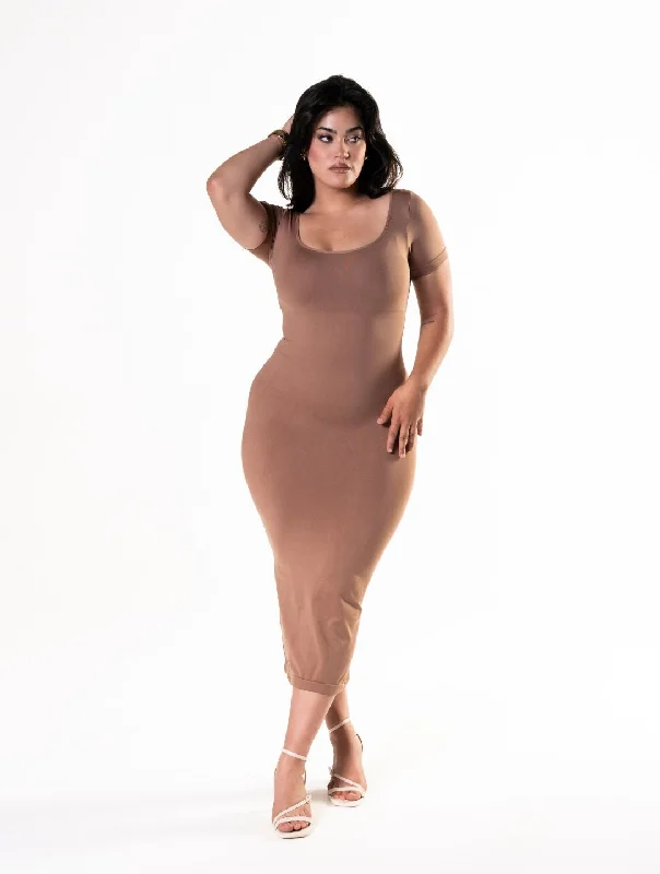 affordable midi dresses for teens -Bodycon Shapewear Midi Slit Dress with Short Sleeves