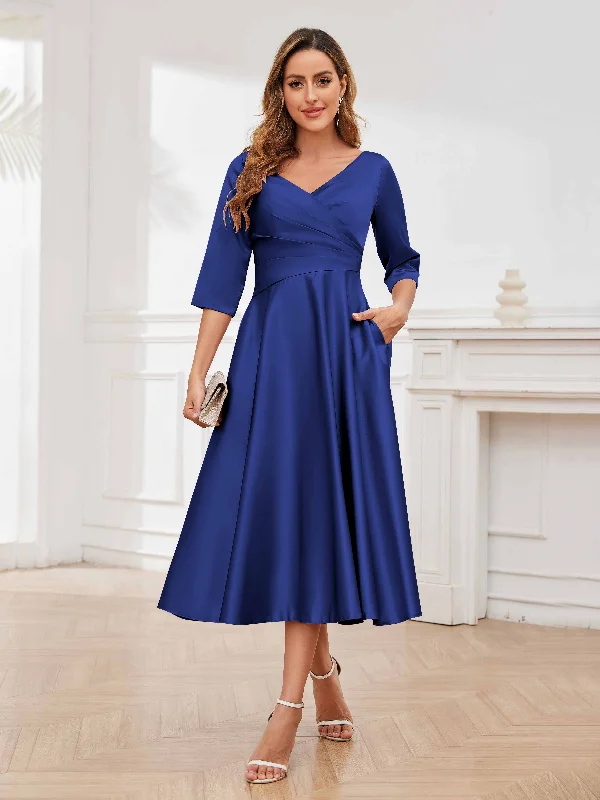 boho midi dresses for spring -Miranda Elegant A-Line Pleated Midi Satin Mother of the Bride & Groom Dresses