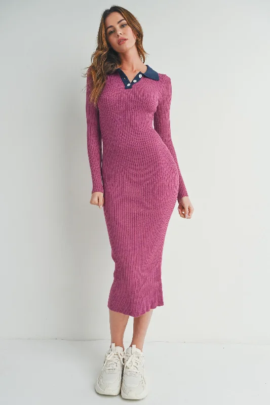 midi dresses with unique colors -Magenta Collared Button Front Long Sleeve Midi Sweater Dress