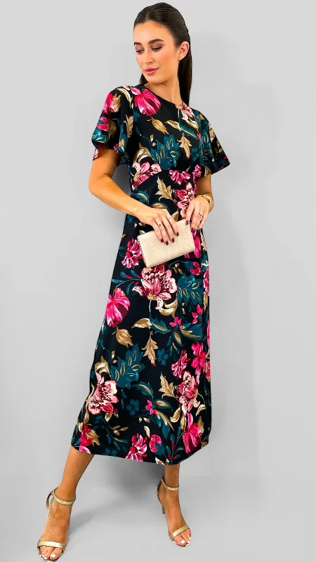 floral midi dresses for summer -4-A1958 Britney Black/Pink Floral Midi Dress