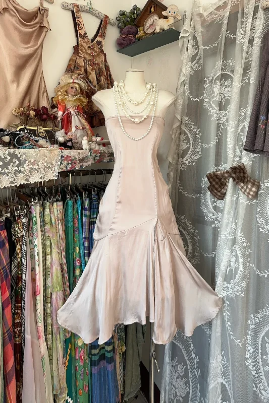 midi dresses with unique sleeves -Light Pink Strapless A-Line Satin Midi Length Vintage Party Dress, DP4459