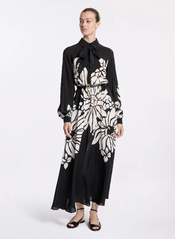 black midi dresses with sleeves -Printed Silk Midi Dress