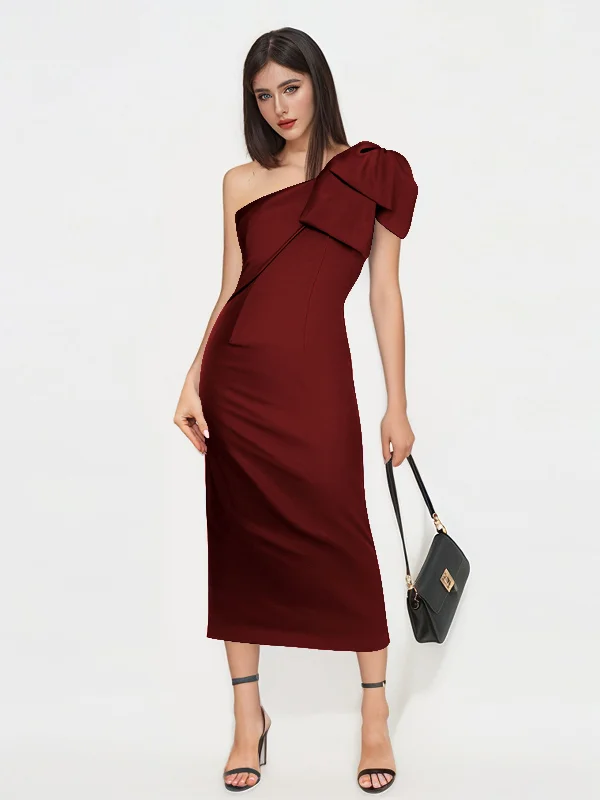 casual midi dresses for summer -Reina Sheath One Shoulder Bow Midi Satin Wedding Guest Dresses