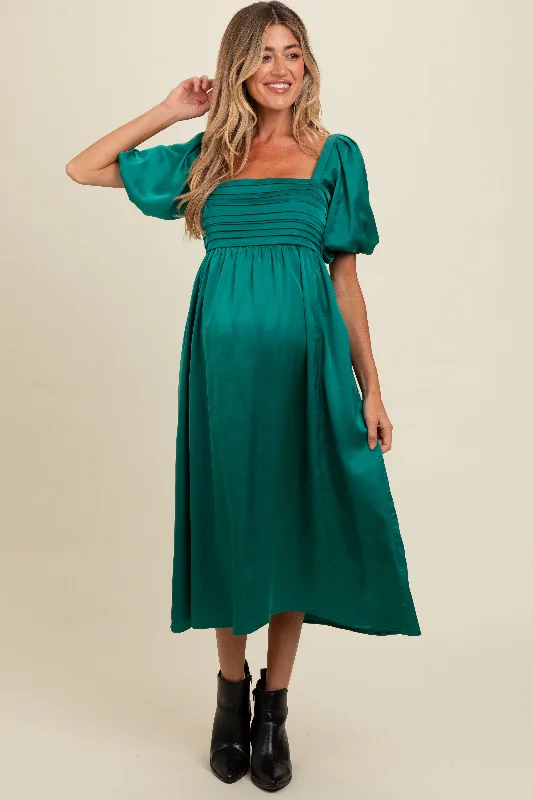 red midi dresses for summer -Emerald Green Satin Pleated Bodice Puff Sleeve Maternity Midi Dress