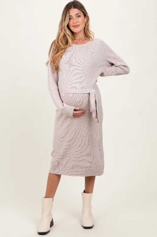 boho midi dresses for women -Taupe Waffle Knit Sash Tie Maternity Midi Sweater Dress