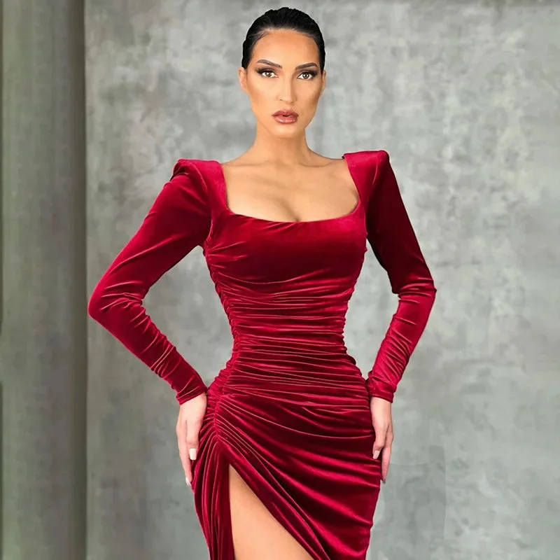 cute midi dresses for fall -Red Velvet Elegant Midi Christmas Party Dress