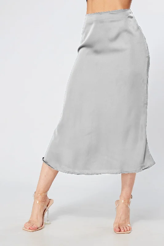 boho midi dresses for women -Elisa Silver Satin Midi Skirt