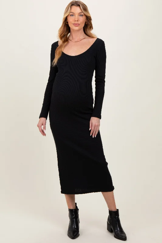 affordable midi dresses for summer -Black Scoop Neck Long Sleeve Maternity Midi Dress