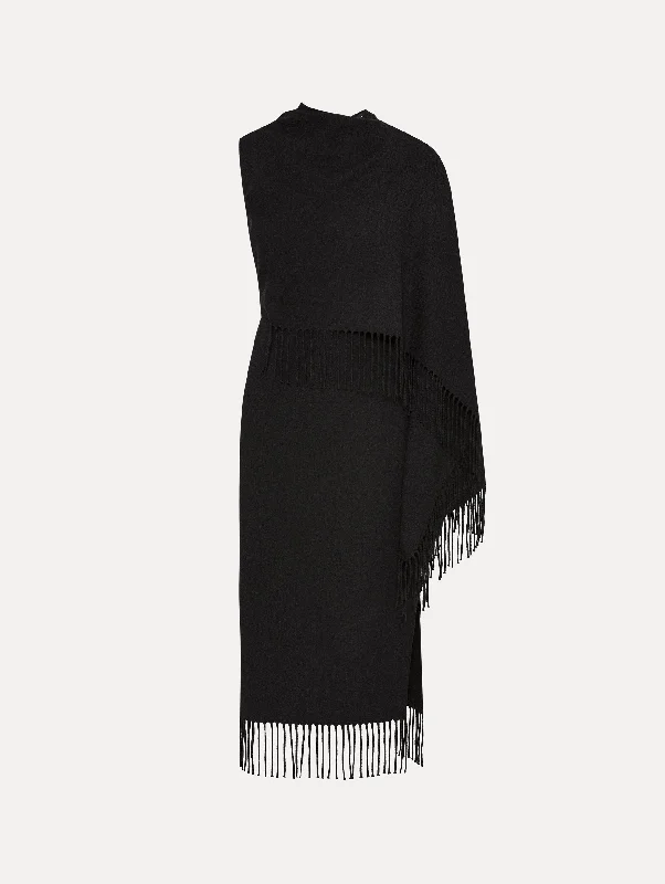 casual midi dresses for beach -Fringed Cape Midi Dress