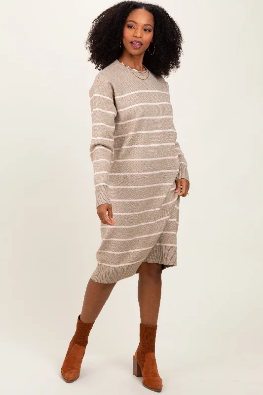 elegant midi dresses for spring -Beige Striped Midi Sweater Dress