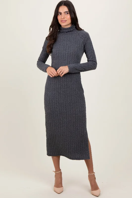 trendy midi dresses for date -Charcoal Cable Knit Turtleneck Midi Sweater Dress