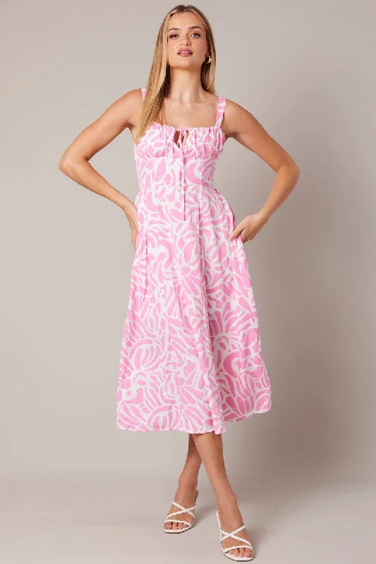 casual midi dresses for summer -Pink Print Midi Dress Gathered Bust Midi