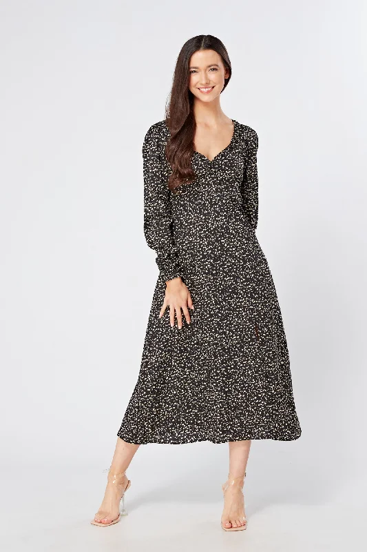 boho midi dresses for women -Jinora Black Midi Dress