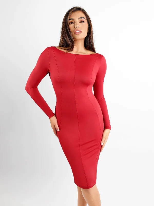 elegant midi dresses for women -Shapewear Long Sleeve Boat Neck Sculpting Midi Dress