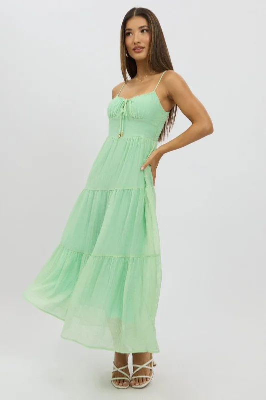 cute midi dresses for date -Green Midi Dress Tiered Strappy