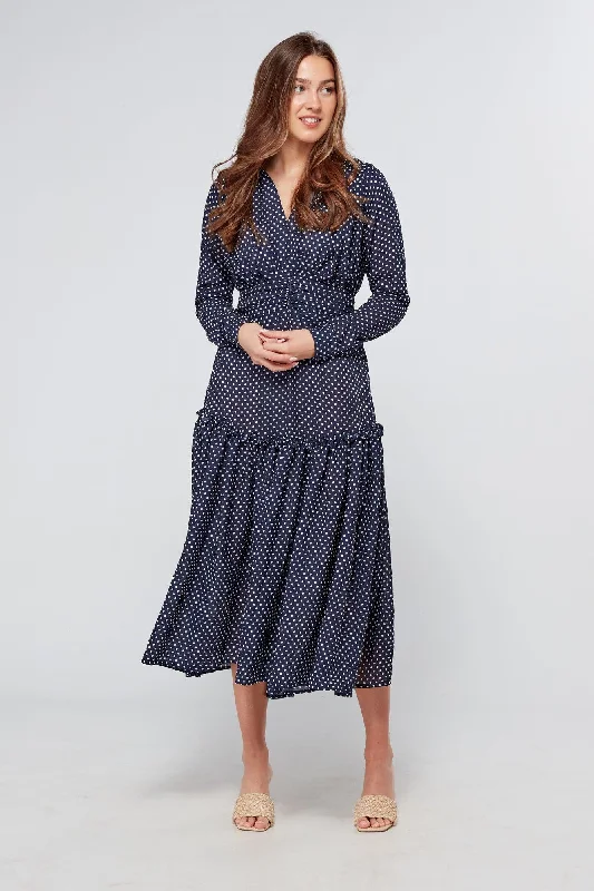 affordable midi dresses for events -Nikita Navy Dotted Midi Dress