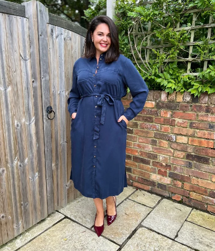 floral midi dresses plus size -Navy Tencel Belted Midi Shirt Dress