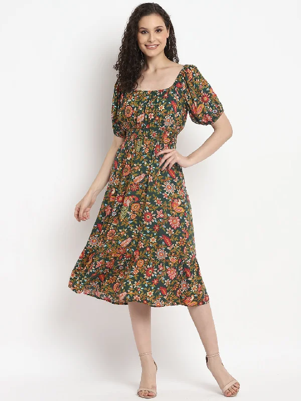 affordable midi dresses for teens -Porsorte Womens Tropical Green Printed Puff Sleeve Midi Dress