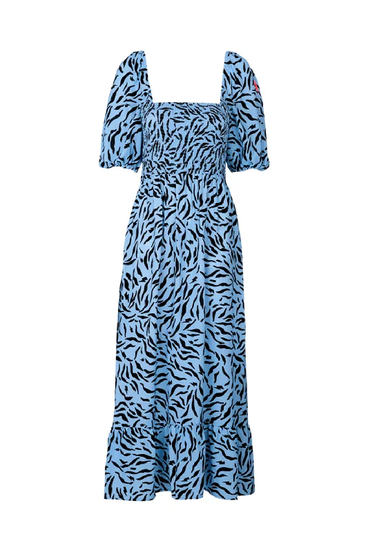 casual midi dresses for spring -Pale Blue with Black Zebra Shirred Midi Dress