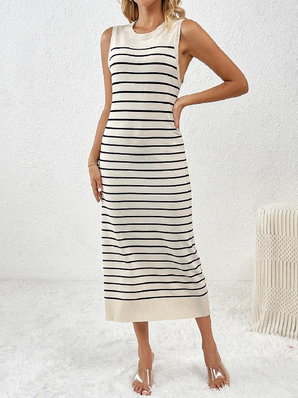 white midi dresses for summer -Round Neck Sleeve Midi Knit Dress