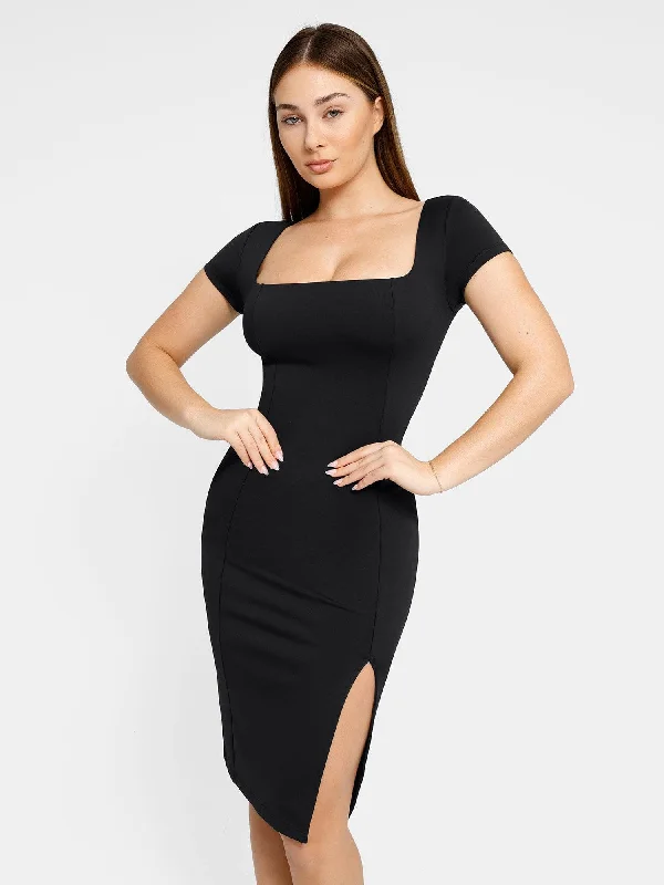 midi dresses with unique ruffles -Shapewear Square Neck Slimming Midi Work Dress