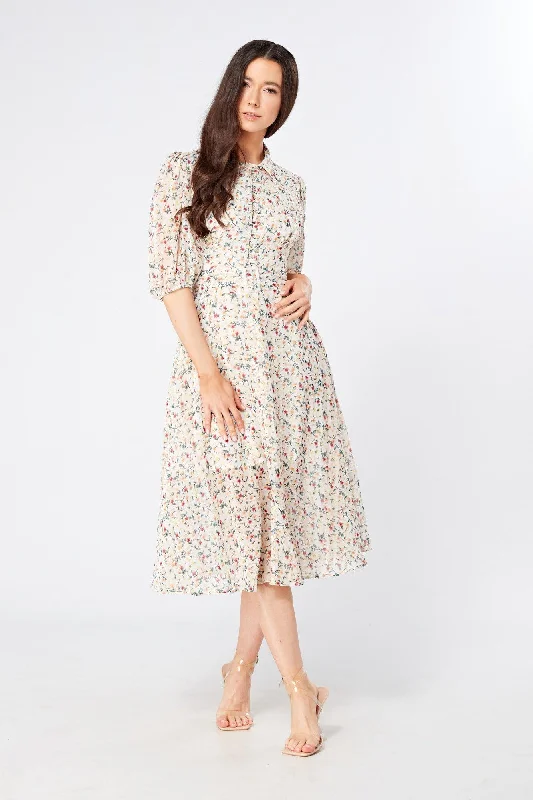 affordable midi dresses for date -Camilla Belted Off White Floral Georgette Midi Dress