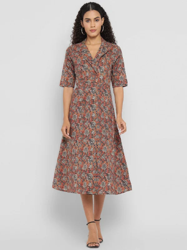 white midi dresses for nightlife -Porsorte Womens  Cotton Brown Printed Shirt Midi Dress