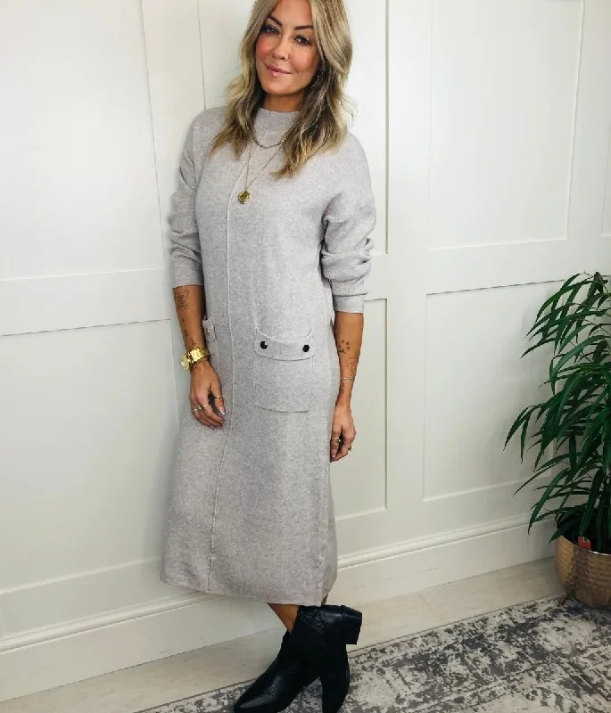 chic midi dresses for events -Grey Knitted Midi Pocket Dress