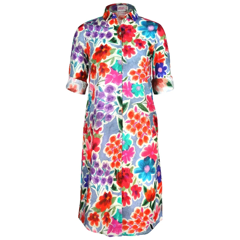 midi dresses with chic patterns -Jilly Midi Blue Floral Shirt Dress