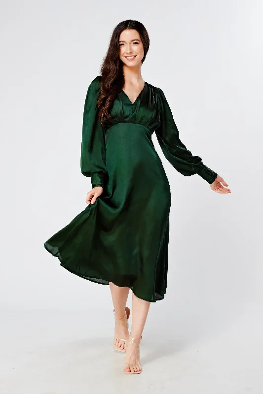 vintage midi dresses for women -Zarina Emerald Green Satin Midi Dress