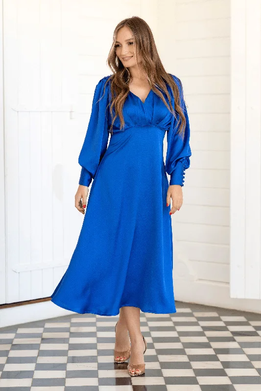 affordable midi dresses for girls -Azurine Cobalt Blue Satin Midi Dress