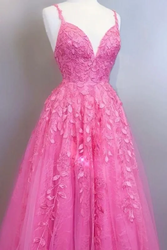 cute evening dress for women -A-line bright pink lace appliqued long prom dress with lace up back c3446