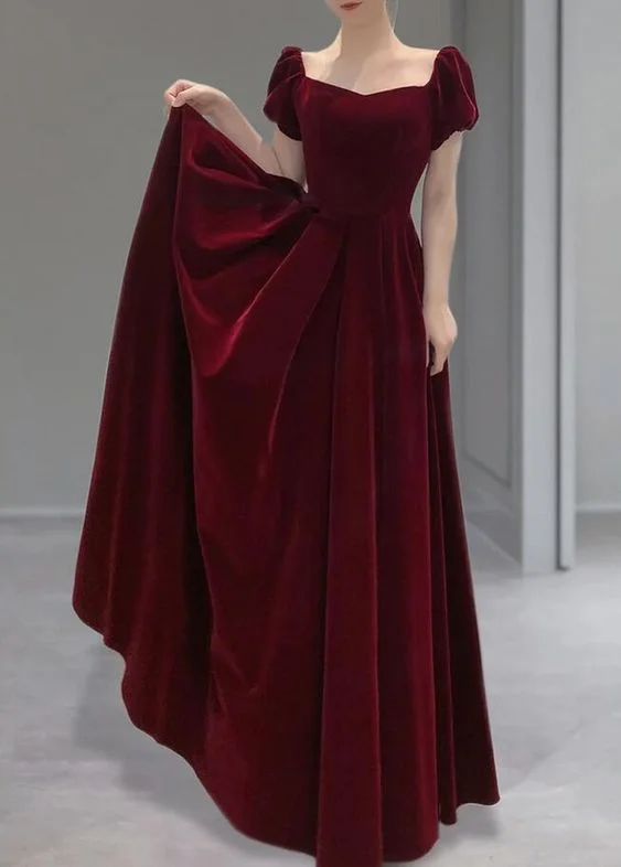 cute evening dress for women -A Line Burgundy Velvet Long Prom Dresses cc924